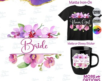 Bride Flower Girl Bridal Wedding Party Orchid Wreath Custom Ready-to-Apply Iron-On Transfer or Sticker