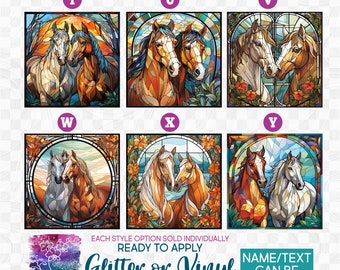 s150-10 Ready to Apply IronOn Transfer or Sticker Stained Glass Brown Tan Cream White Horse Horses Couple Vinyl/Glitter/Holographic