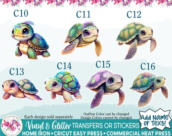 Vs343-C) Glitter & Vinyl Heat Transfer HTV Iron On or Sticker Watercolor Colorful Cute Sea Turtle Turtles Floral Add Name Text