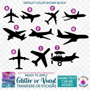 s238 Ready to Apply Iron On Transfer or Sticker Decal Airplane Airplanes Jet Plane Silhouette Vinyl/Glitter/Holographic