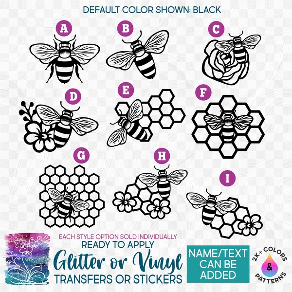 s126-1 Ready to Apply IronOn Transfer or Sticker Bee Bumblebee Honey Bee Flower Honeycomb  Vinyl/Glitter/Holographic