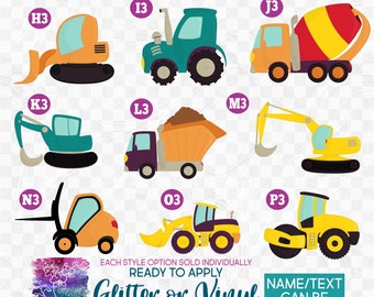 s259-1 Ready to Apply IronOn Transfer or Sticker Colorful Construction Vehicles Backhoe Dump Truck Vinyl/Glitter/Holographic