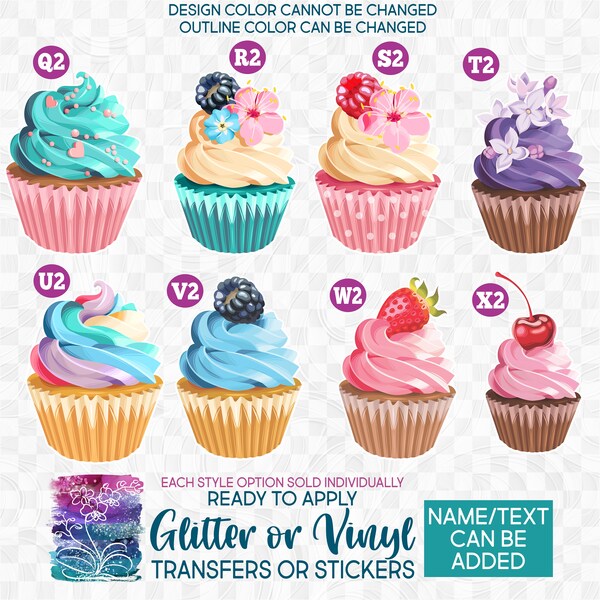 s275-2 Ready to Apply IronOn Transfer or Sticker Cupcake Cupcakes Cherries Strawberry Pineapple Blueberry Vinyl/Glitter/Holographic