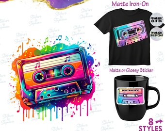 Colorful Music Cassette Tape Graphic Ready-to-Apply Iron-On Transfer or Sticker