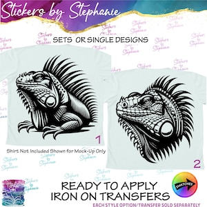 May include: Two white iron-on transfers featuring a black graphic illustration of an iguana. The left design shows the full body of the iguana, while the right design shows a close-up of the iguana head. Text includes Stickers by Stephanie.