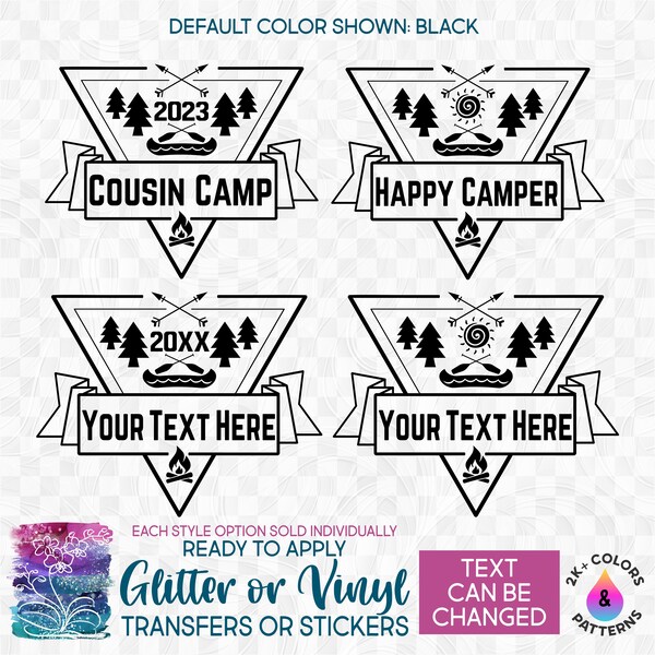 s228-4J Ready to Apply IronOn Transfer or Sticker Cousin Camp Happy Camper Custom Name Text Year Vinyl/Glitter/Holographic