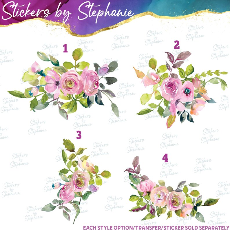 four floral arrangements, each with different colors and styles, displayed against a white background.