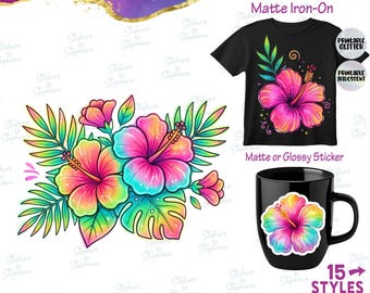 Colorful Neon Tropical Flowers Hibiscus Illustrated Graphic Ready-to-Apply Iron-On Transfer or Sticker
