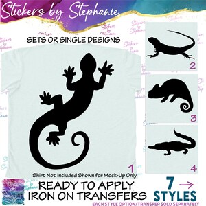 May include: A light blue t-shirt featuring a large black lizard silhouette. To the right, three white squares display black silhouettes of a lizard, a chameleon, and a crocodile. Text includes Stickers by Stephanie, SETS OR SINGLE DESIGNS, and 7 STYLES.