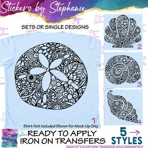 May include: A light blue t-shirt featuring a large black mandala-style sand dollar graphic. To the right, three additional black mandala-style seashell designs are numbered two, three, and four. Text includes Stickers by Stephanie and 5 STYLES.