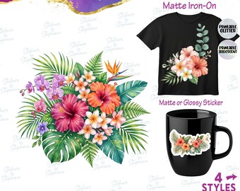 Tropical Flowers Hibiscus Illustrated Graphic Ready-to-Apply Iron-On Transfer or Sticker