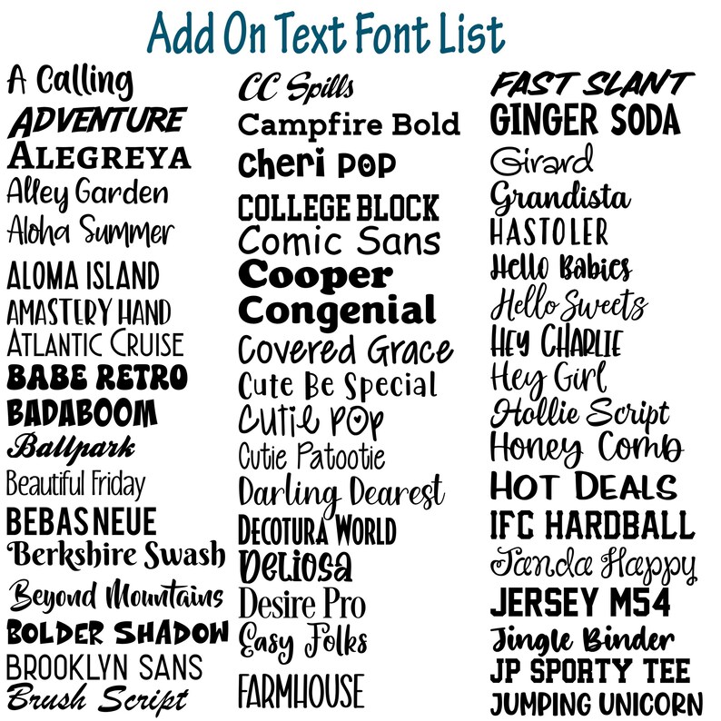 a list of various text fonts and styles, including names, words, and phrases, along with their corresponding descriptions. The list is organized into three columns, with each column containing a different font or style. The text is written in a variety of fonts and sizes, and the descriptions provided are not overly descriptive or redundant. The image does not contain any images or visual elements, and the focus is solely on the text and its descriptions.