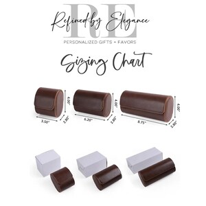 May include: Sizing chart for watch roll cases. The chart shows three sizes of watch rolls, each with a different length and width. The rolls are made of brown leather and have a white background. The text "Refined by Elegance" is at the top of the chart.