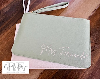 Bridal Clutch, Custom Name Bag, "Mrs" Wedding Pouch, Honeymoon Bag, Bride Gift, Makeup Clutch