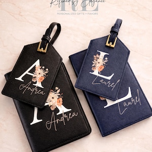Floral Monogram Passport Cover and Luggage Tag Set | Personalized  Saffiano Travel Gift | Bridesmaid Wedding Favor