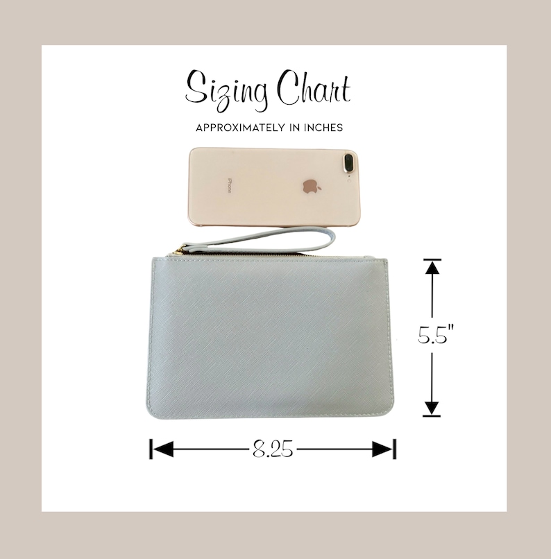 Sizing chart with clutch besides an iPhone.