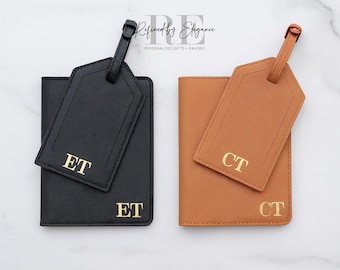 Personalized Passport Holder Luggage Tag Set, Faux Leather Travel Gift, Bridesmaid Gift, Honeymoon Travel Set, Custom Passport Cover