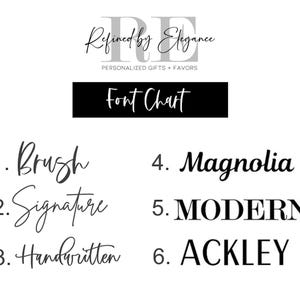 May include: A black and white font chart with the text "Font Chart" in white on a black background. The chart displays six different font styles: Brush, Signature, Handwritten, Magnolia, MODERN, and ACKLEY. The top of the image has the text "Refined by Elegance".