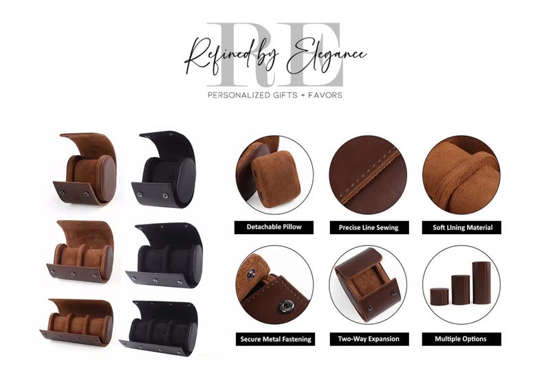 May include: A set of brown and black watch boxes with a variety of features, including a detachable pillow, precise line sewing, soft lining material, secure metal fastening, two-way expansion, and multiple options. The boxes are made of leather and have a brown and black color scheme.
