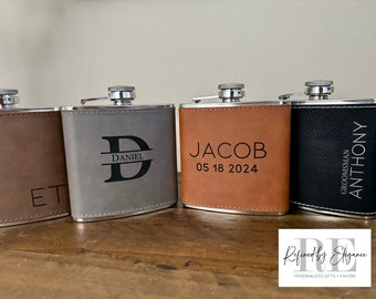 Personalized Engraved Flask, Leatherette Stainless Steel, Groomsmen Gift