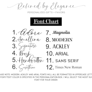 May include: A white graphic with a font chart, including 12 font styles. The chart is labeled "Font Chart" and includes fonts such as Adore, Amellina, Signature, Brush, Handwritten, Serathine, Magnolia, Modern, Ackley, Arial, Sans Serif, and Times New Roman.