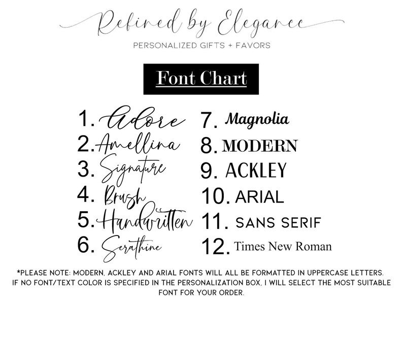 May include: A white graphic with a font chart, including 12 font styles. The chart is labeled "Font Chart" and includes fonts such as Adore, Amellina, Signature, Brush, Handwritten, Serathine, Magnolia, Modern, Ackley, Arial, Sans Serif, and Times New Roman.