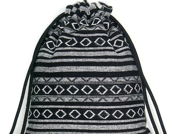 Nepali Cotton Drawstring Backpack: Tribal Print Handmade Hobo Bag