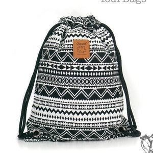 Saco de cordão geométrico, bolsa de algodão, mochila tribal, 2 bolsos internos