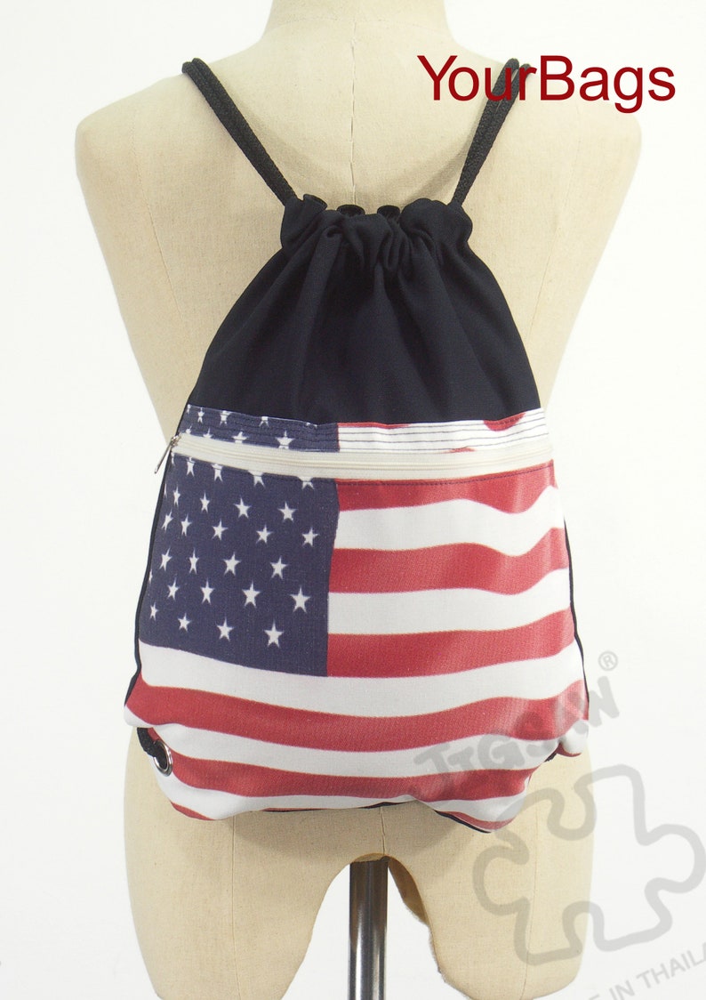 US Flag drawstring bag Canvas Cotton Backpack Laptop bag 2 pocket inside cotton fabric lining or waterproof fabric lining