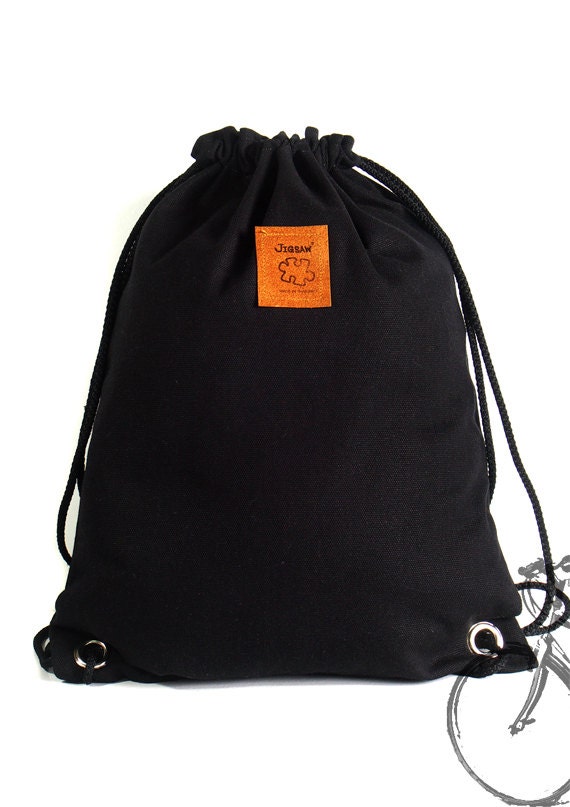 Black Drawstring Bag Canvas Backpack 2 Pocket Inside Cotton Etsy
