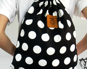 10% OFF, Polka dot Backpack Canvas Cotton drawstring Hip bag Handmade bag