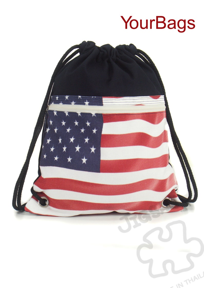 US Flag drawstring bag Canvas Cotton Backpack Laptop bag 2 pocket inside cotton fabric lining or waterproof fabric lining