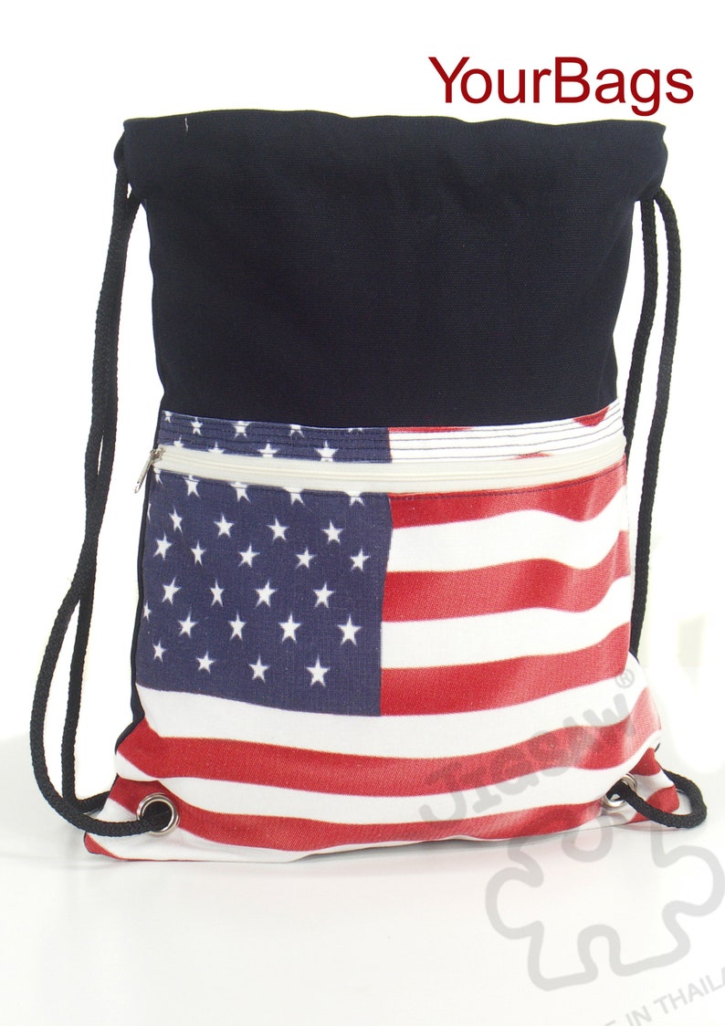 US Flag drawstring bag Canvas Cotton Backpack Laptop bag 2 pocket inside cotton fabric lining or waterproof fabric lining