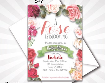 Rose Baby Shower Invitation, A Rose is Blooming, Baby Shower Invitation, Rose Baby Shower, Floral Baby Shower, Rose Place Cards, Girl