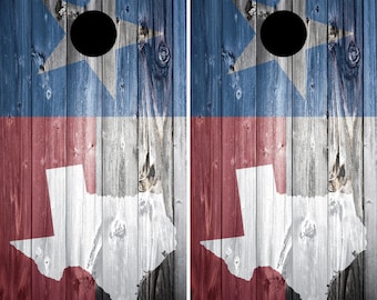 Texas Flag Woodgrain Cornhole Decal Wrap Set - Texas Outline
