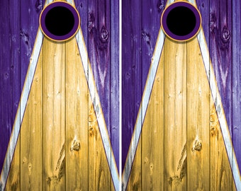 Woodgrain Purple Yellow Cornhole Decal Wrap Set