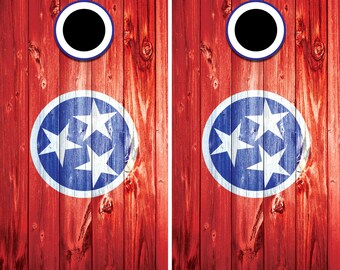 Tennessee Flag Woodgrain Cornhole Decal Wrap Set