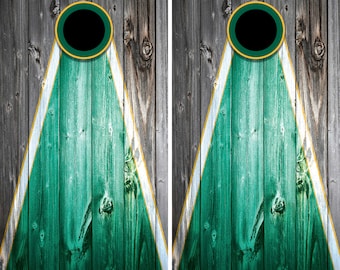 Woodgrain Green and Yellow Cornhole Decal Wrap Set