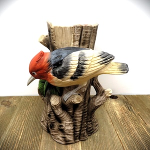 Vintage Woodpecker Tree Stump Planter Vase – Made in Korea, 1970s