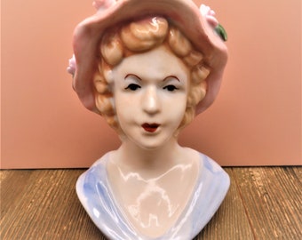 Vintage Lady Head Vase, 5" High, Made in China, Pink Roses Accents on her Hat