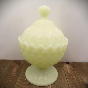 Fenton Custard Glass Candy Dish Olde Virginia Fine Cut & Block Pattern OVG