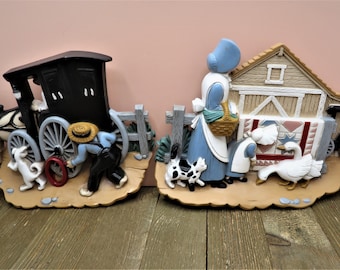 Vintage Burwood Products #3340 Pair of Wall Hangings Amish Cottage and Horse Buggy