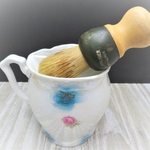 Porcelain Mustache Moustache Mug Cup with Pink Roses Luster ware with bristle brush
