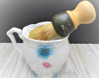 Porcelain Mustache Moustache Mug Cup with Pink Roses Luster ware with bristle brush