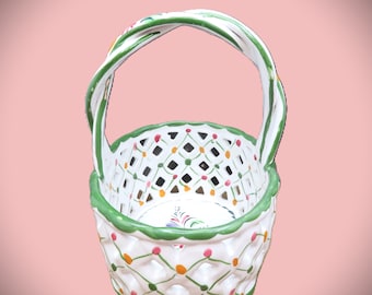 Hand Painted Pottery Basket Lattice Design Floral Motif Portugal Signed Reel