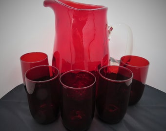 Red Glass Pitcher Inverted Thumbprint coin dot Applied Clear Handle