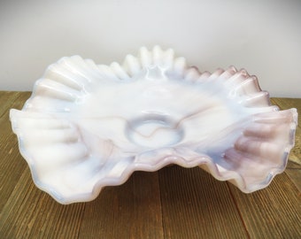 Fluted Ruffled Crimped Edges White and Plum Glass Bowl Dish