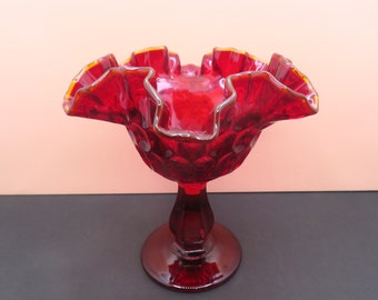 Fenton Ruby Red Glass Thumbprint Pedestal Compote Candy Dish Amberina Crest