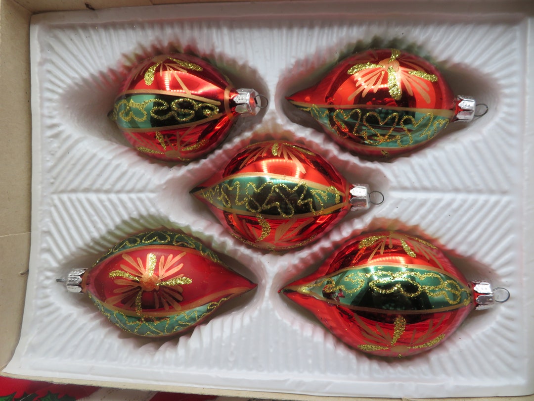 Set of 5 Hand Decorated Clear Glass Teardrop Christmas Ornaments Made