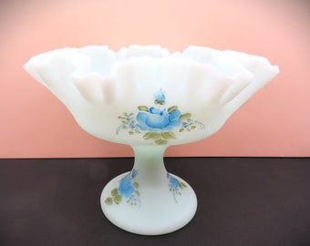 Vintage Fenton Hand Painted Art Glass Satin Custard Glass Compote Candy Dish Pedestal